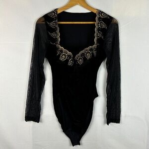 VTG Womens Embroidered Bodysuit 1X 14 - 16 Mesh Velvet WhymsiGoth Halloween USA